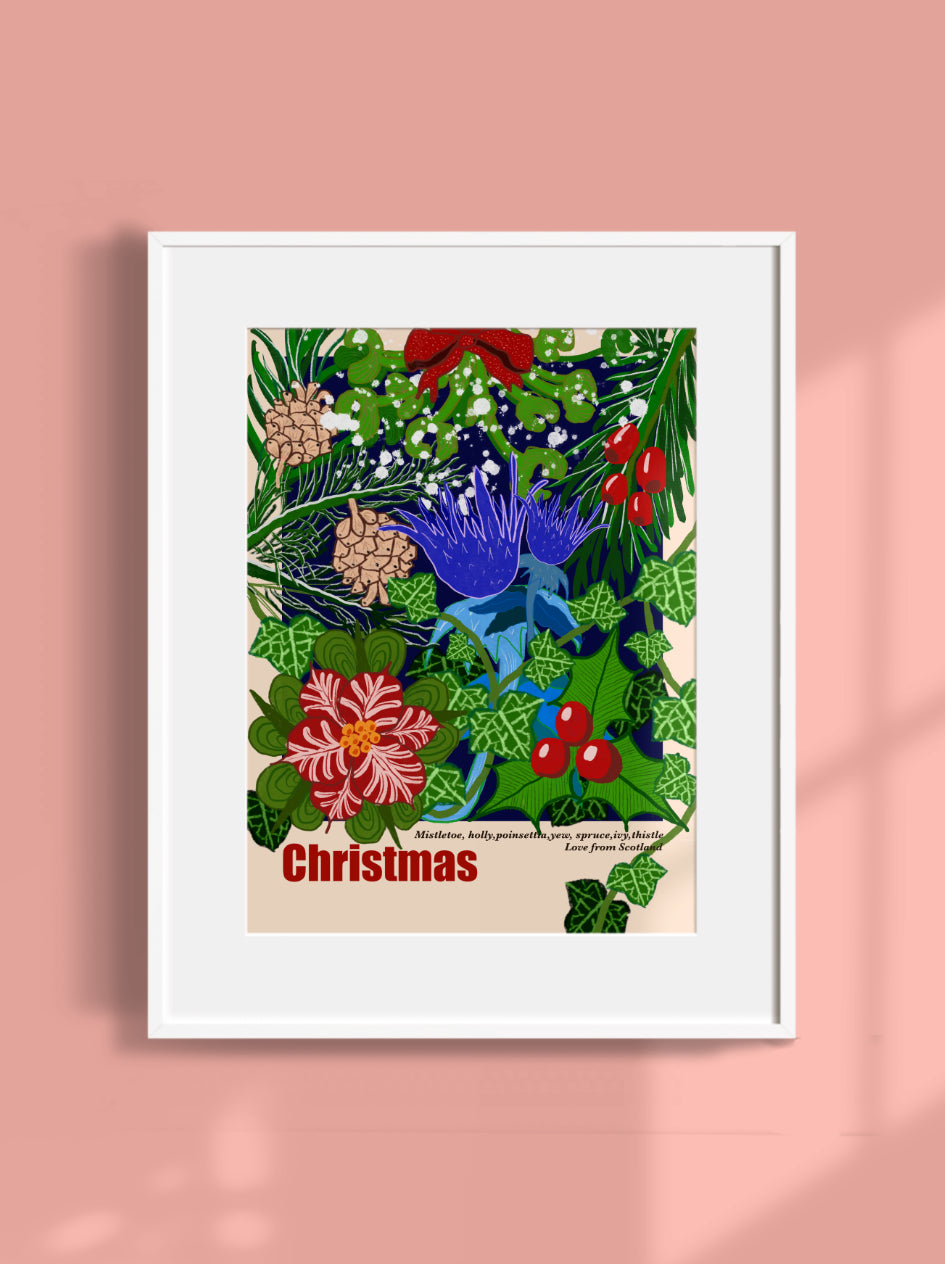Botanical Art Print- Merry Christmas from Scotland- Unframed