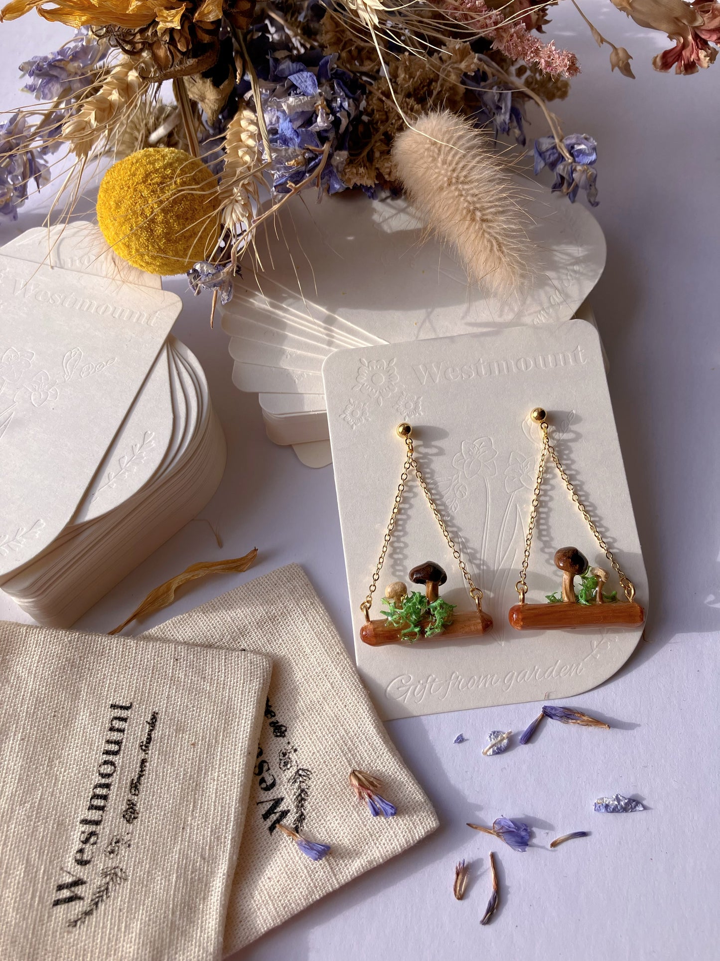 Mushrooms on wooden swing Earrings-Gift From Gardens 013