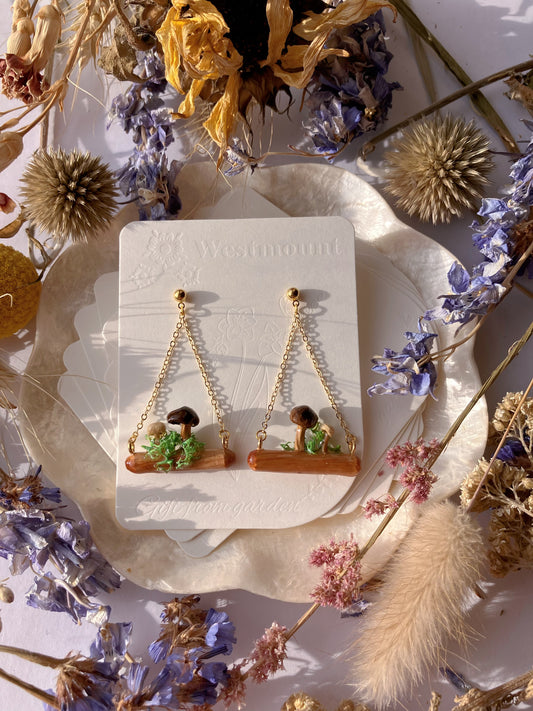 Mushrooms on wooden swing Earrings-Gift From Gardens 013