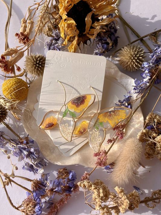 Butterfly earrings with yellow flower-Gift From Gardens 037